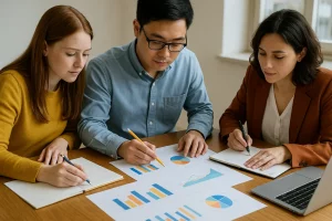 Foto in formato 16:9 con un team che analizza grafici e documenti per pianificare il budget aziendale.