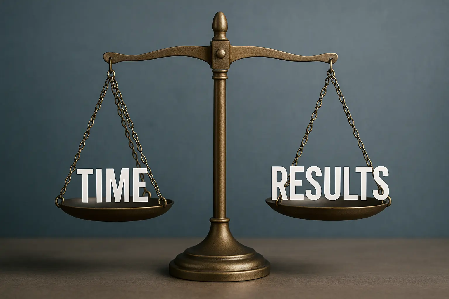 Bilancia con le parole “Time” e “Results” che rappresenta il passaggio dal lavoro misurato a ore al lavoro basato sui risultati