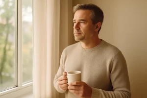 Uomo adulto che guarda fuori dalla finestra con una tazza in mano, in un momento di riflessione sui nuovi traguardi della vita adulta.