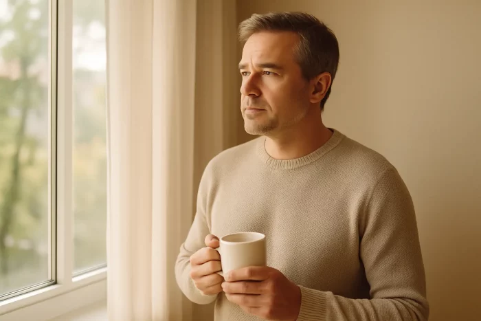 Uomo adulto che guarda fuori dalla finestra con una tazza in mano, in un momento di riflessione sui nuovi traguardi della vita adulta.