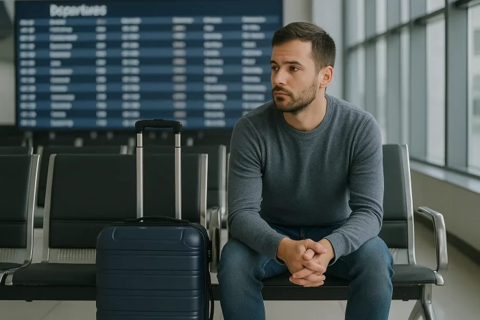 Uomo seduto in aeroporto con valigia e tabellone voli alle spalle, simbolo del caro-voli natalizio in Italia