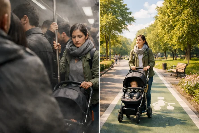 Confronto tra una vita urbana compressa e una vita quotidiana più sostenibile, che mostra come le condizioni di lavoro, tempo e spazio influenzino le scelte di vita e la natalità.