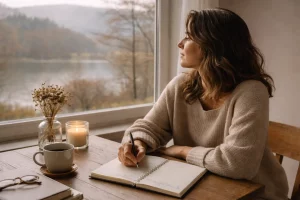 Persona che scrive la lista dei buoni propositi guardando fuori dalla finestra, in un interno silenzioso illuminato da luce naturale