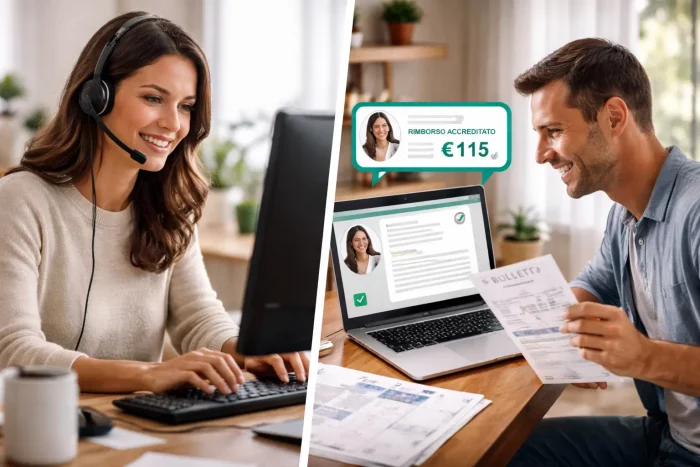 Operatore del call center che risponde a un reclamo mentre un cliente riceve il rimborso automatico per una bolletta di luce e gas