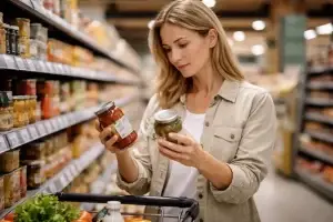 Persona che confronta due prodotti leggendo le etichette al supermercato, simbolo di acquisto consapevole e scelta informata.