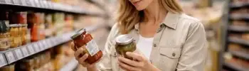Persona che confronta due prodotti leggendo le etichette al supermercato, simbolo di acquisto consapevole e scelta informata.