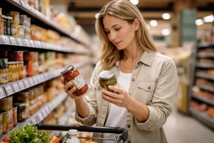 Persona che confronta due prodotti leggendo le etichette al supermercato, simbolo di acquisto consapevole e scelta informata.