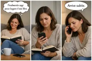 Persona che interrompe un momento personale di lettura per rispondere al telefono e aiutare qualcuno