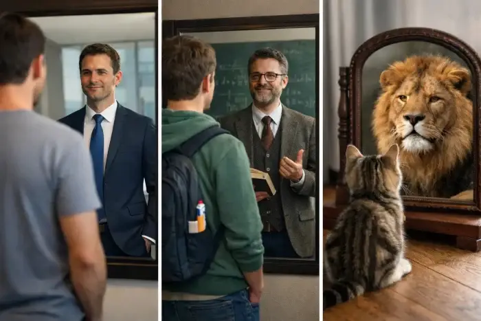 Immagine divisa in tre scene: persona che allo specchio si vede manager, studente che si vede professore e gattino che si riflette come leone, simbolo dell’effetto Dunning-Kruger e dell’illusione di competenza.
