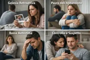 Collage fotografico 16:9 che rappresenta quattro tipologie di gelosia: gelosia retroattiva, paura dell’abbandono, bassa autostima e controllo nella relazione.