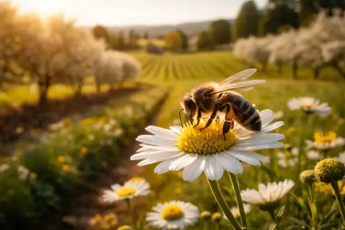 Ape in primo piano su un fiore con campo coltivato sullo sfondo, simbolo dell’importanza delle api per impollinazione ed economia agricola.