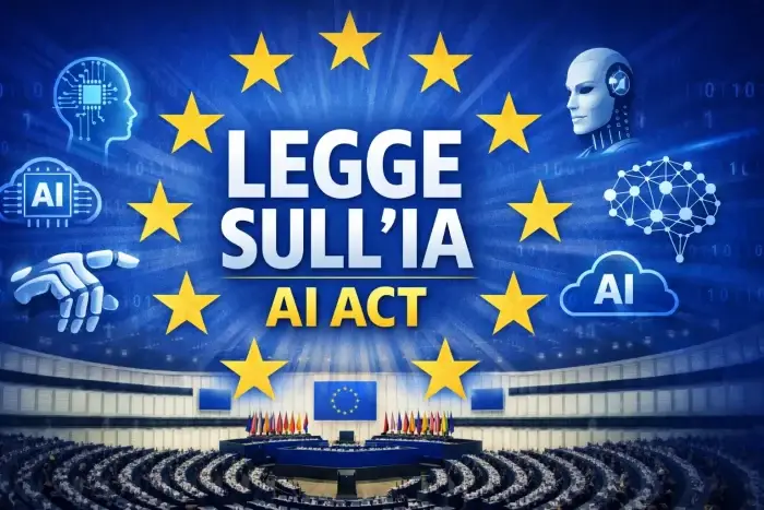 Illustrazione dell’AI Act, la legge europea sull’intelligenza artificiale, con bandiera dell’Unione Europea e simboli di tecnologie AI.