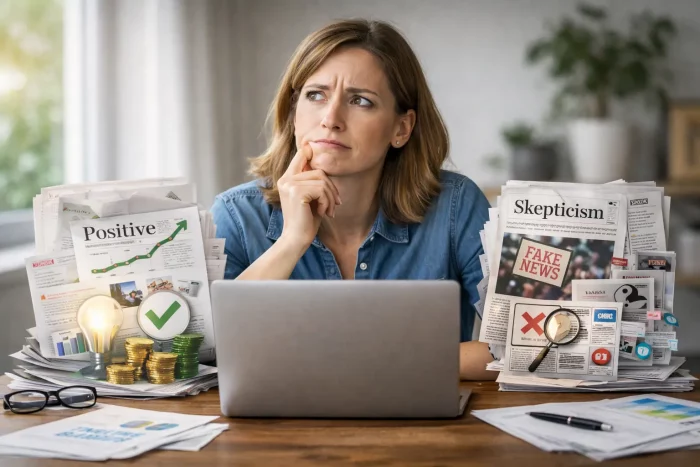 Persona che confronta informazioni diverse mentre prende una decisione, esempio di bias di conferma nella vita quotidiana