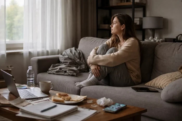 Persona seduta sul divano che guarda fuori dalla finestra con ambiente disordinato, rappresentazione del blocco nella depressione