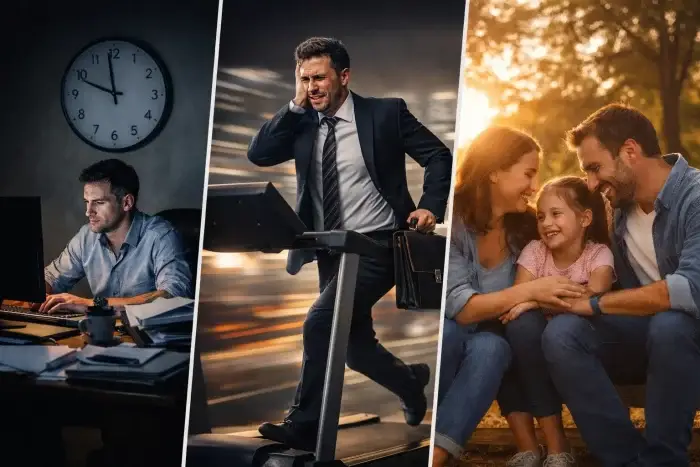 Immagine divisa in tre scene: uomo che lavora fino alle 21 in ufficio, uomo stressato che corre sul tapis roulant in giacca e famiglia felice al tramonto