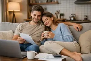 Coppia senza figli sul divano che controlla documenti e finanze domestiche, esempio di famiglie DINK con doppio reddito