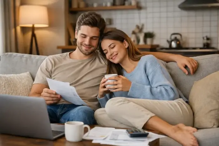 Coppia senza figli sul divano che controlla documenti e finanze domestiche, esempio di famiglie DINK con doppio reddito