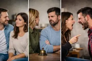 Esempio visivo del metodo della campana nella gestione dei conflitti: escalation emotiva dal 40% al 100% con campanella in ottone vintage simbolo del momento di intervento.