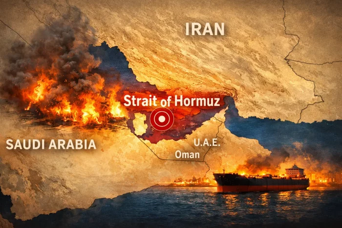 Mappa del Medio Oriente con evidenziato lo Stretto di Hormuz durante la guerra USA-Iran e impatti sulla crisi energetica globale