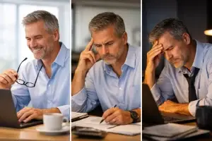 Professionista over 40 durante la giornata di lavoro: mattina energica, pomeriggio concentrato e sera stanca con orologi che indicano lo scorrere del tempo.