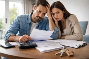 Coppia che analizza documenti e calcola la rata del mutuo prima casa