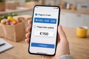Persona che osserva sullo smartphone le opzioni di pagamento a rate o pagamento immediato durante un acquisto online