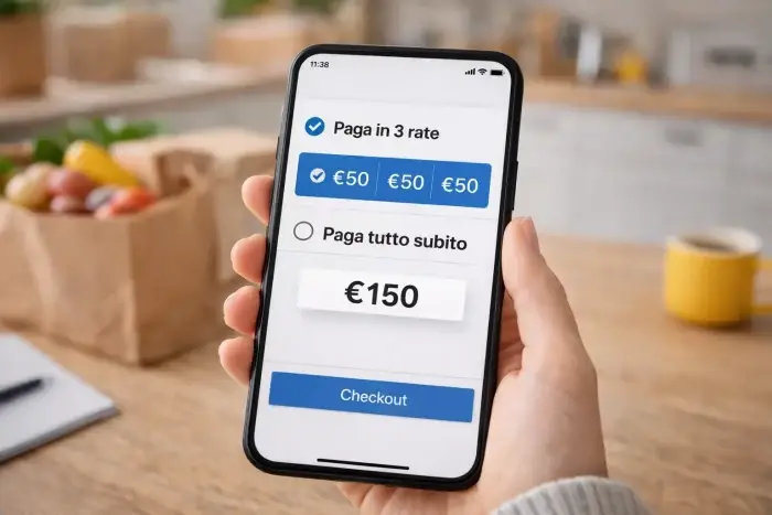 Persona che osserva sullo smartphone le opzioni di pagamento a rate o pagamento immediato durante un acquisto online