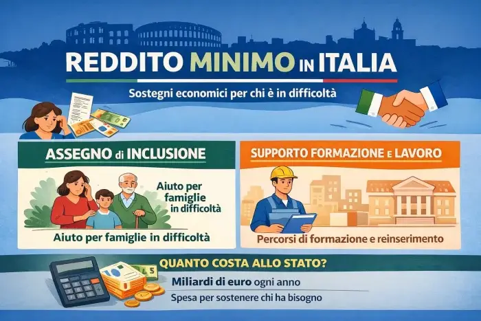 Infografica sul reddito minimo in Italia con assegno di inclusione e supporto per la formazione e il lavoro