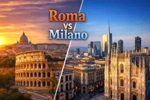 Confronto visivo tra Roma e Milano con skyline delle due città per spiegare differenze nel costo della vita.