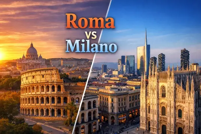 Confronto visivo tra Roma e Milano con skyline delle due città per spiegare differenze nel costo della vita.