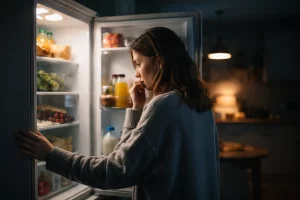 Persona davanti al frigorifero aperto di notte mentre cerca cibo senza avere fame