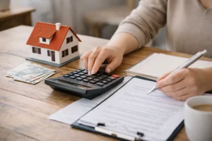 Persona che calcola la rata del mutuo con calcolatrice, documenti e modellino di casa