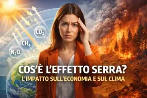 Illustrazione dell’effetto serra e del cambiamento climatico con gas serra, incendi e aumento delle temperature.
