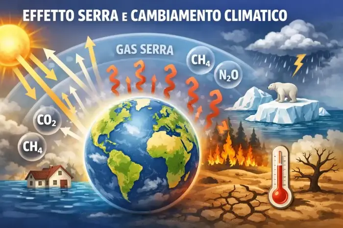 Illustrazione dell’effetto serra: i gas serra trattengono il calore nell’atmosfera terrestre contribuendo al riscaldamento globale.